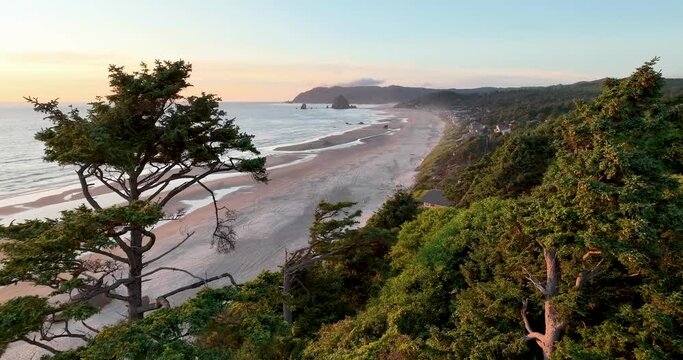 Aerial view of Cannon Beach and Haystack Rock from viewpoint