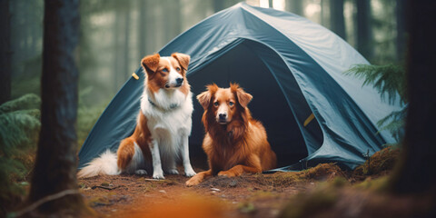 Dogs at the campsite in the forest. Created with Generative AI technology