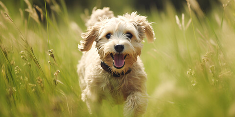 Happy dog walking through tall grass. Created with Generative AI technology