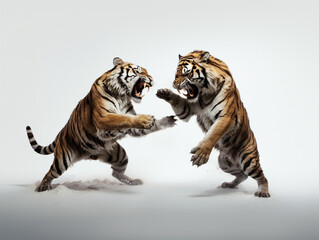 Two tigers fighting on a white background