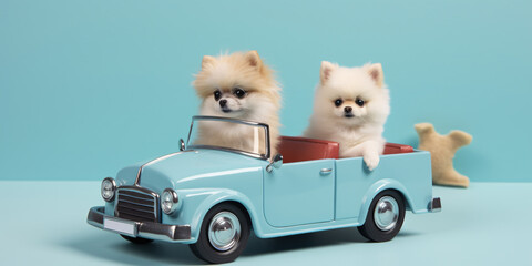 Cute Pomeranian dogs riding in a toy car light blue background. Created with Generative AI technology
