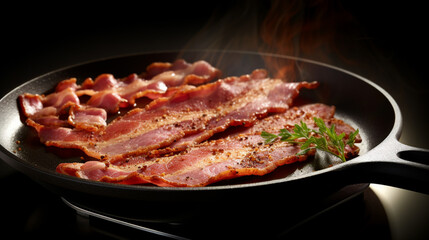 Delicious beef bacon sizzles on a skillet, tempting with its savory aroma and mouthwatering appearance. Perfect for food enthusiasts and recipes.