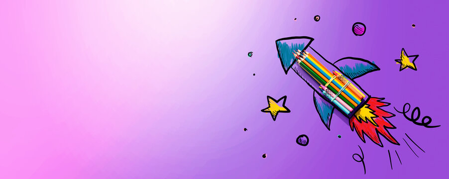 Back to school theme with hand drawn rocket and colored pencils