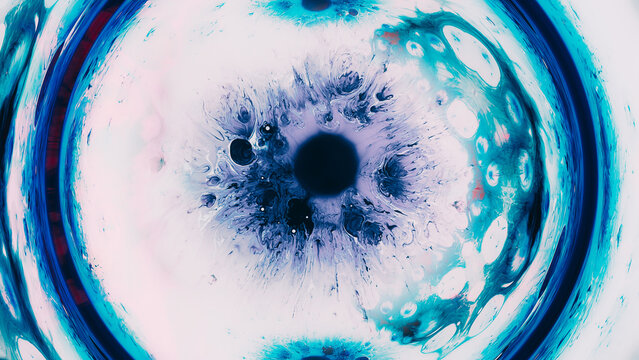 Colorful whirl. Universe eye. Blue liquid splash in circle frame on white ink round swirl paint spatters abstract illustration.