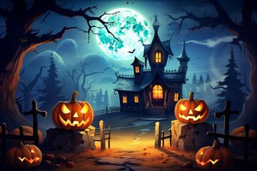 Fototapeta premium Happy Halloween Banner with Pumpkins, Spooky Celebration and Spooky Decorations Set the Haunted Scene. generated ai.