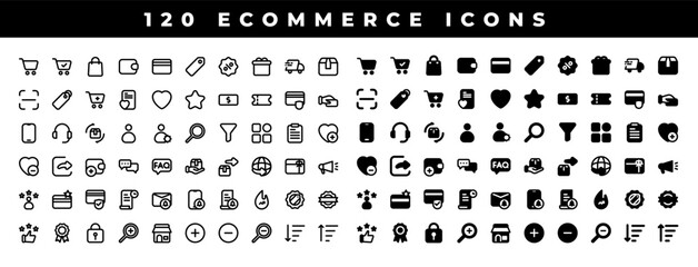 120 UI Ecommerce icons with line and solid style. UI Marketplace and Online Shop. Vector Illustration