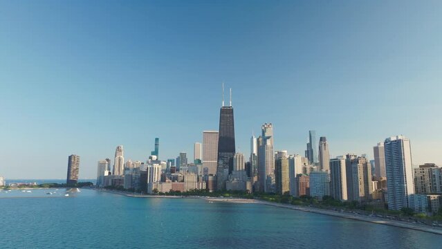 Epic shot of Chicago and lake Michigan during the day.
