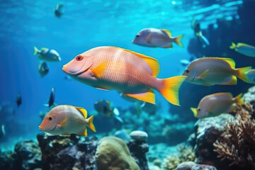 Colorful tropical fish swimming in ocean, generative AI	
