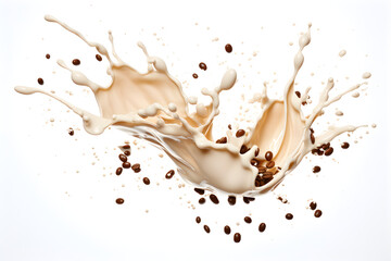 coffee beans and milk latte splash isolated on white