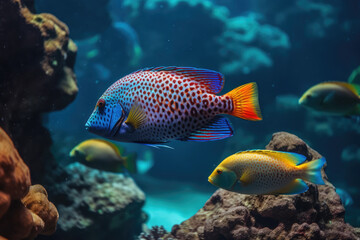 Naklejka na ściany i meble Colorful tropical fish swimming in ocean, generative AI 