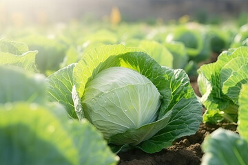 CabbageRipe cabbage in the field, morning light - obrazy, fototapety, plakaty