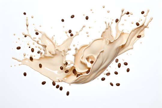 coffee beans and milk latte splash isolated on white