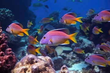 Naklejka na ściany i meble Colorful tropical fish swimming in ocean, generative AI 
