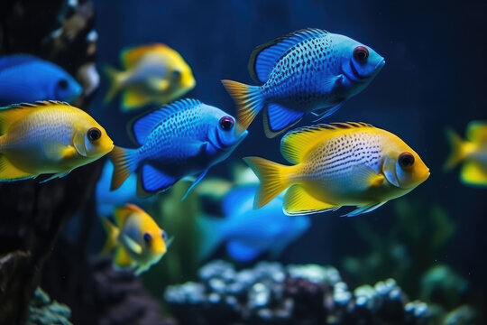 Colorful tropical fish swimming in ocean, generative AI	
