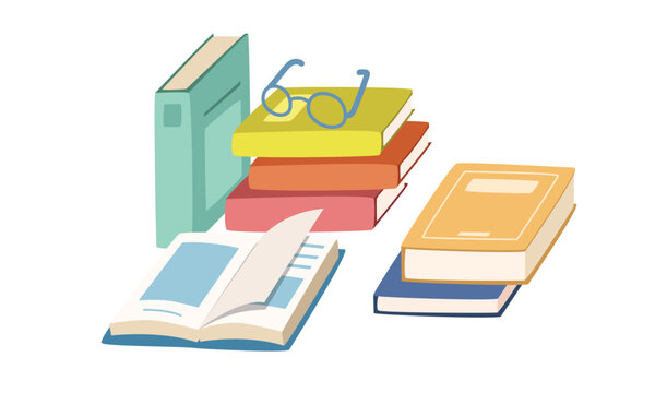 Stack of books clipart. Set of book stack with different colors with a glasses flat vector illustration cartoon style hand drawn. Students, classroom, reading, school supplies, back to school concept