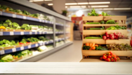 cart in supermarket, free space for your decoration, white table with vegetables Supermarket on the background, Ai Generate 