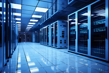 Obraz premium modern server room with servers and glowing neon blue light