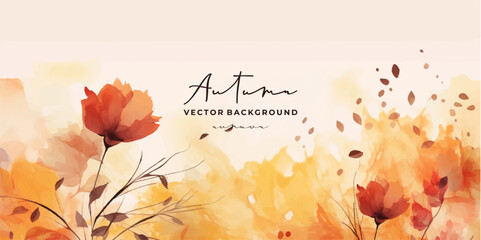 Abstract art autumn background with watercolor maple leaves. Watercolor hand-painted natural art perfect for design decorative in the autumn festival, header, banner, web, wall decoration, cards. - obrazy, fototapety, plakaty
