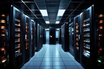 modern server room with servers and glowing neon blue light