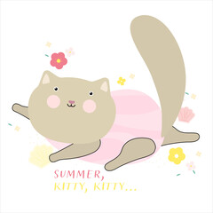 Cute Cat in Summer Time. Design for Web, Mobile, Card, Sticker, T-Shirt, Textile Shopper Bag and Other Garment.