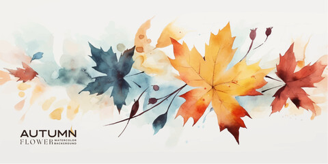 Abstract art autumn background with watercolor maple leaves. Watercolor hand-painted natural art perfect for design decorative in the autumn festival, header, banner, web, wall decoration, cards. - obrazy, fototapety, plakaty