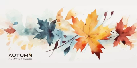 Foto op Aluminium Abstract art autumn background with watercolor maple leaves. Watercolor hand-painted natural art perfect for design decorative in the autumn festival, header, banner, web, wall decoration, cards. © Lucky Ai