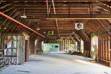 Gutted building interior at Riverridge spare machinery storage, unit, broken, abandoned