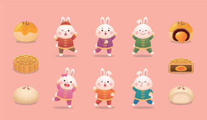 A set of playful, cute and funny rabbit mascots and traditional Chinese pastry mooncakes