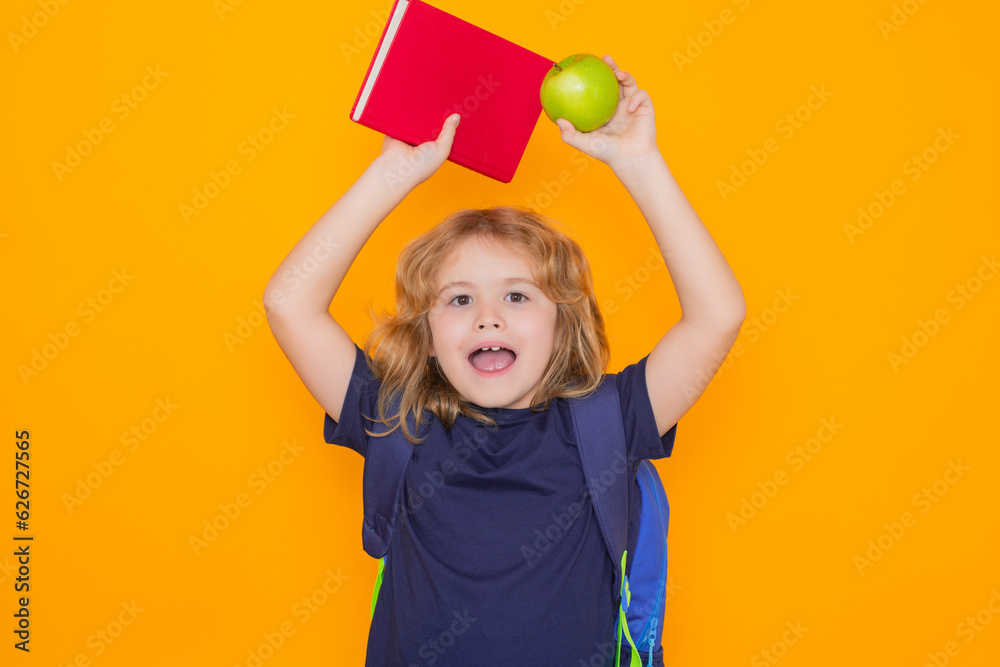 Poster school children. child from elementary school with book and apple isolated on yellow background. lit