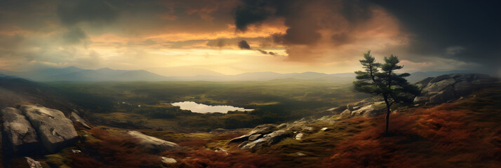 beautiful dramatic panoramic sunset over the mountains with cloudy sky