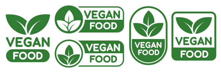 Vegan food icon set badge sign. Bio, Ecology, Organic logos and badges, label, tag. Green leaf on white background. Vector illustration.