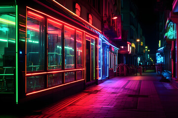 city street alley in the night with neon light storefronts