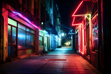 Fototapeta na wymiar city street alley in the night with neon light storefronts