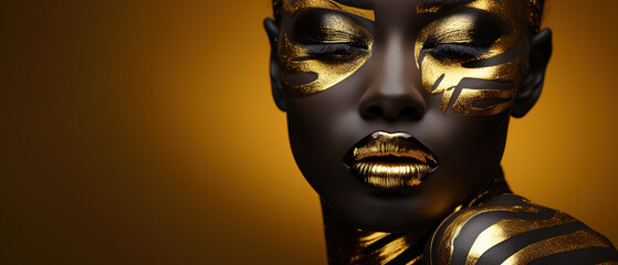  Beauty woman painted in black skin color body, gold makeup, lips, eyelids in gold color paint