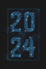 Abstract isolated blue image of new year number 2024. Polygonal low poly wireframe illustration looks like stars in the blask night sky in spase or flying glass shards. Digital web, internet design. © Katsiaryna