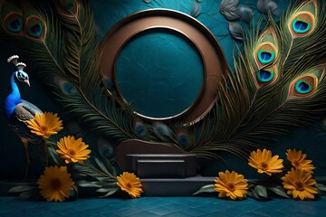 Luxury Elegant Leather Base above on Flowers with Peacock illustration Background. 3D Wallpaper for Interior Mural Painting wall art Decor. Modern, Texture, Realistic 3d render 