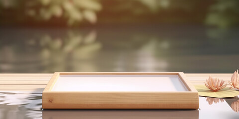 Wooden tray and lotus flower floating on water background template. Created with Generative AI technology