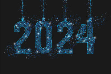 Abstract isolated blue image of new year number 2024. Polygonal low poly wireframe illustration looks like stars in the blask night sky in spase or flying glass shards. Digital web, internet design. © Katsiaryna