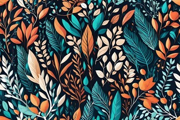 Wall hanging branches seamless pattern leaves fall with bright color flowers illustration background. 3d abstraction wallpaper for interior mural wall art decor