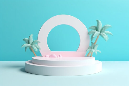 Light pink arch door and coconut tree decors on staircase display podium. Background Template. Created with Generative AI technology