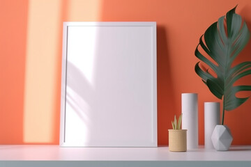 Empty picture frame against orange wall with palm leaf in vase and cylinder decors around. Background template. Created with Generative AI technology