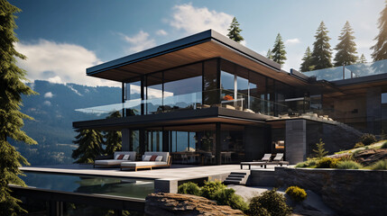 Modern exterior of a luxury villa in a minimal style. Glass house in the mountains