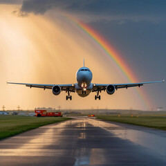 A Passenger Jet Aircraft Landing on a Wet Tarmac With a Rainbow in the Background - obrazy, fototapety, plakaty