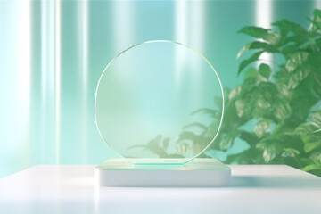 Round glass on display podium with green leaves at the back. Mint green beam background template. Created with Generative AI technology