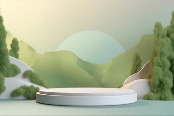 Foto op Aluminium Beige display podium surrounded by serene landscape of hills, rocks and bushes. Background template. Created with Generative AI technology © MITstudio