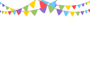 Obraz premium Celebrate hanging triangular garlands. Colorful perspective cute flags party isolated on white background. Birthday, Christmas, anniversary, and festival fair concept. Vector illustration.
