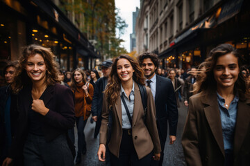 Joyful millennials commuting in an urban setting, walking together on city streets, embodying youthful energy and ambition, generative ai