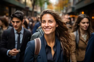 Fotobehang Joyful millennials commuting in an urban setting, walking together on city streets, embodying youthful energy and ambition, generative ai © InputUX