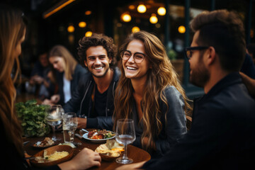 Millennial friends enjoying a fun-filled social gathering at an outdoor restaurant, sharing stories and laughter, generative ai