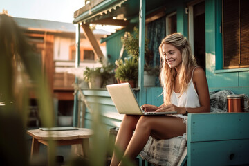 Young woman digital nomad engaging in remote work outside her vintage camper van, epitomizing the mobile, van life lifestyle, generative ai